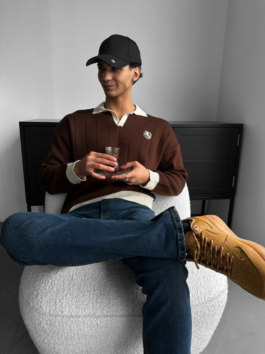 Oversized Embroidered Polo Sweater - Brown