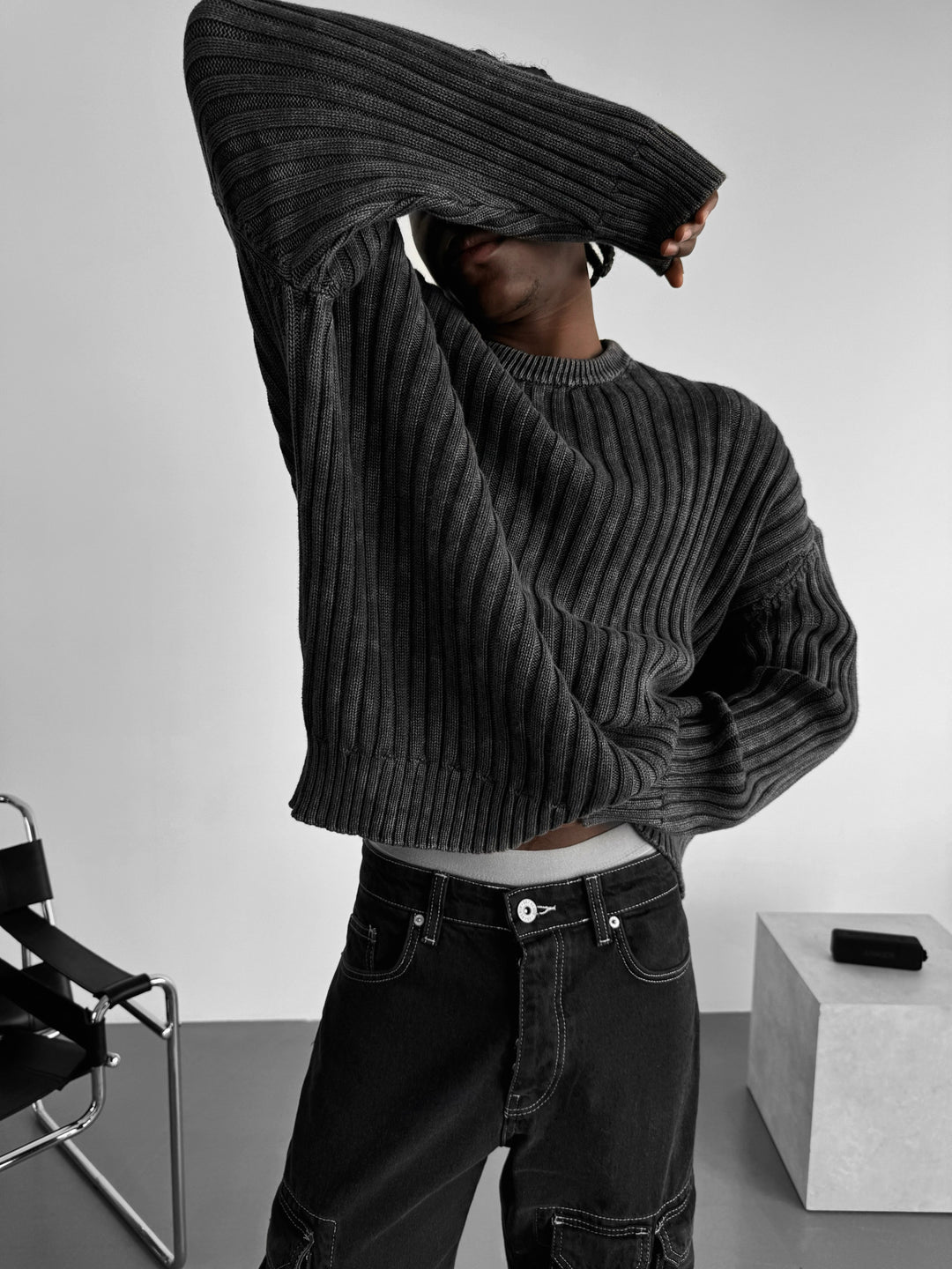 Oversize Ribbed Washed Sweater - Black