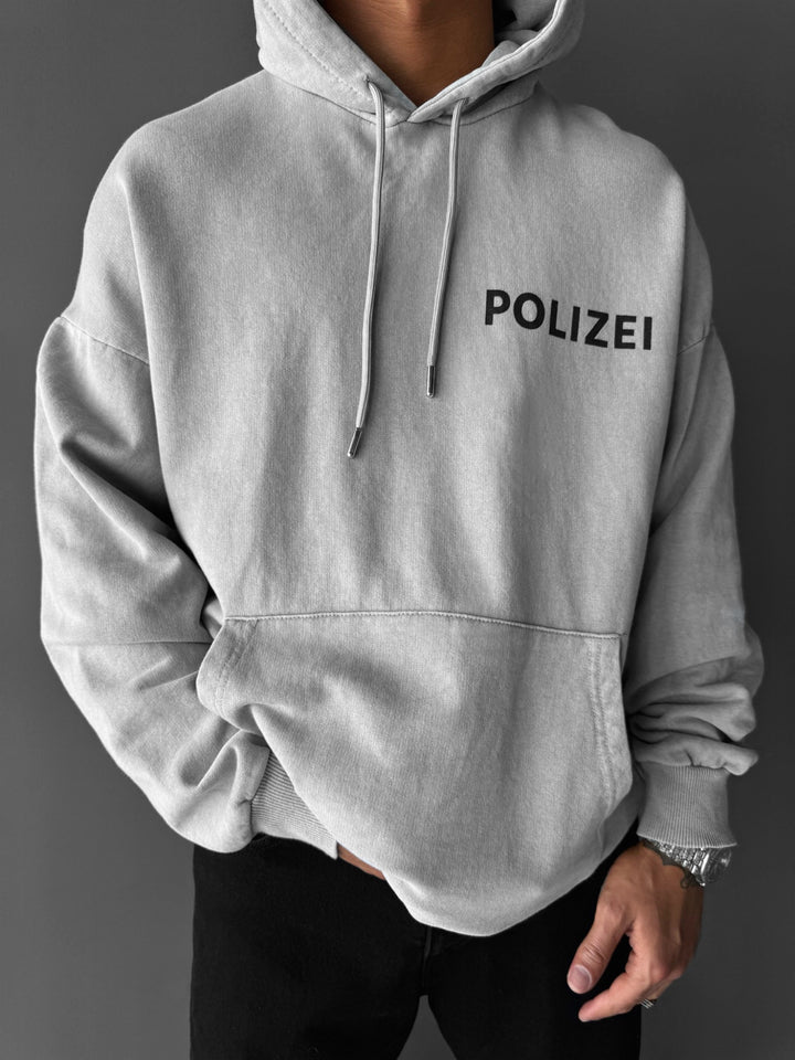 Oversize Washed Polizei Hoodie - Grey