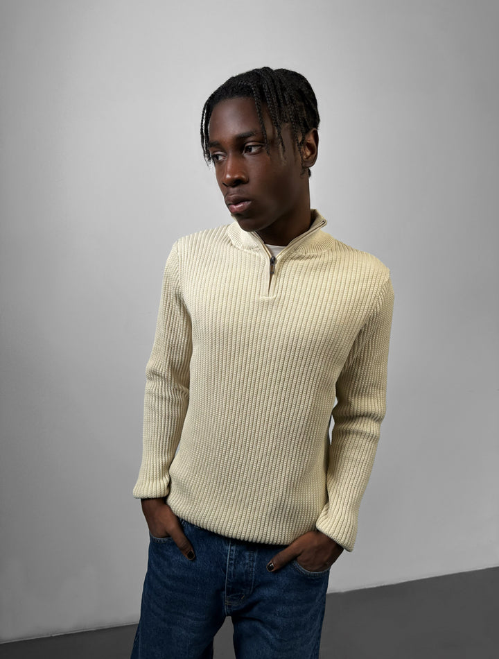 Slim Fit Half Zip Textured Sweater - Beige