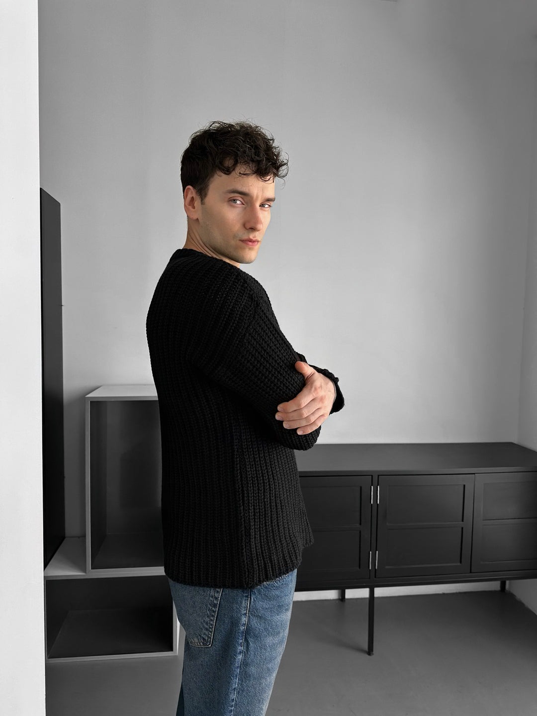Slim Fit Braid Knit Sweater - Black