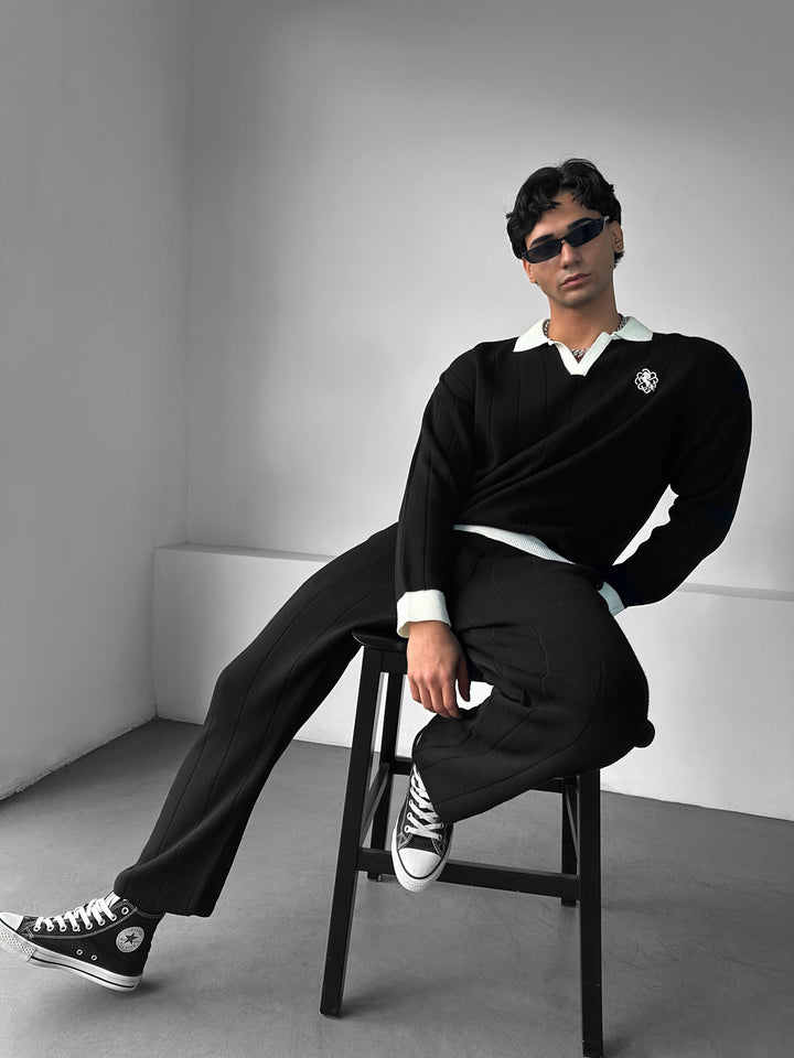 Oversized Embroidered Polo Sweater - Black