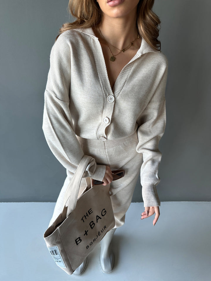 Long Arm Knit Jumpsuit - Beige