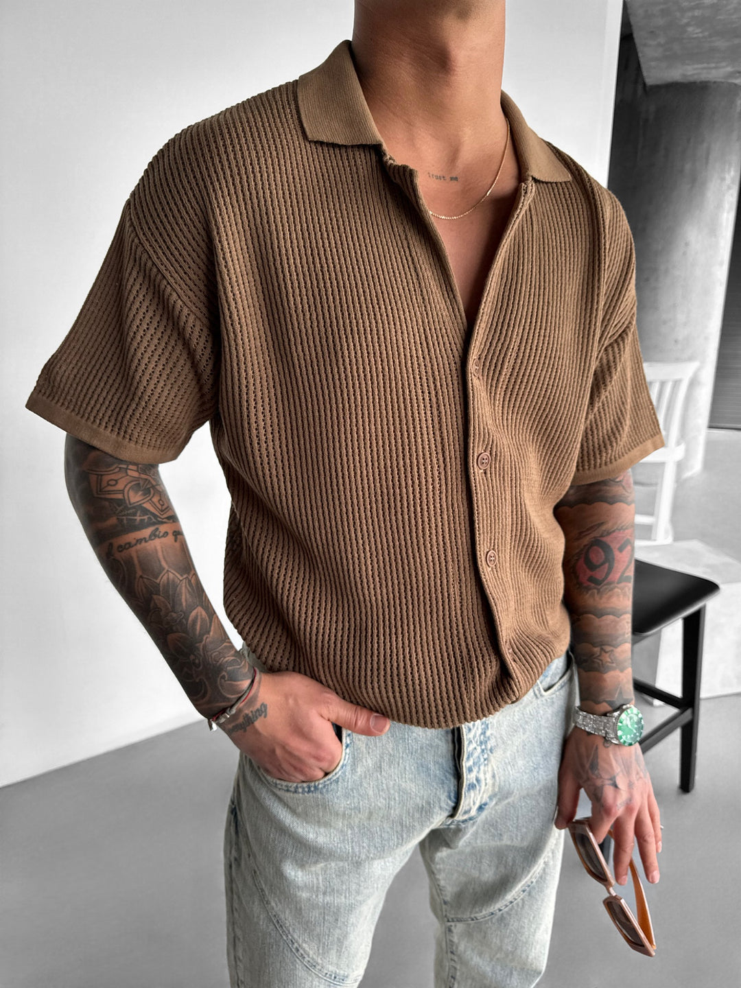 Oversize Grid Knit T-shirt - Brown
