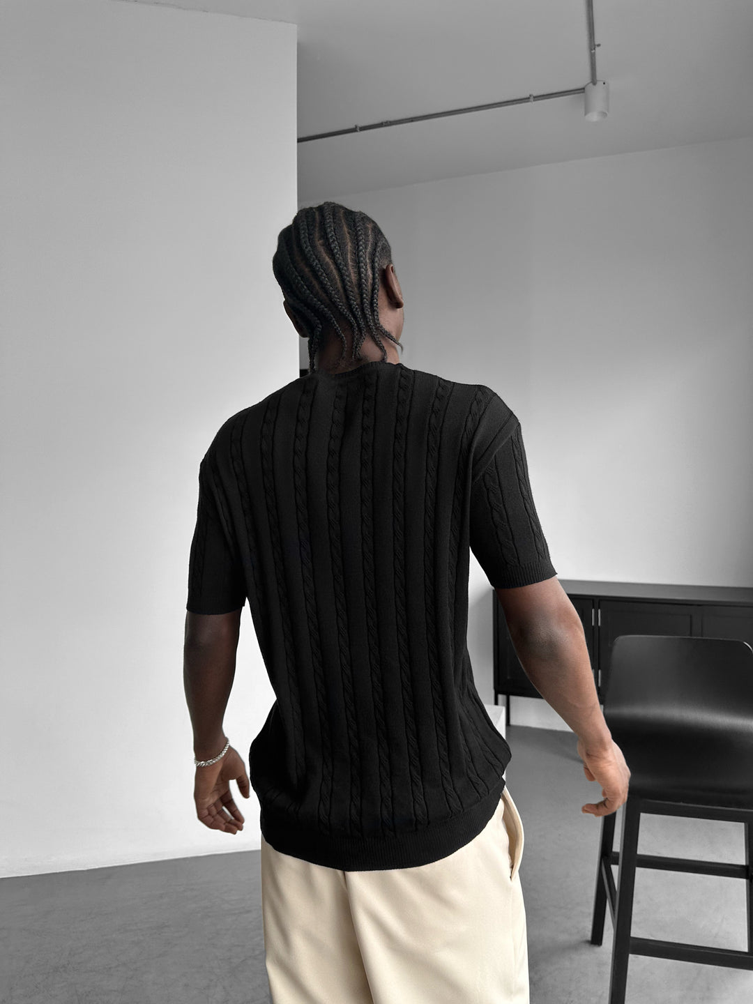 Loose Fit Braid Knit T-Shirt - Black