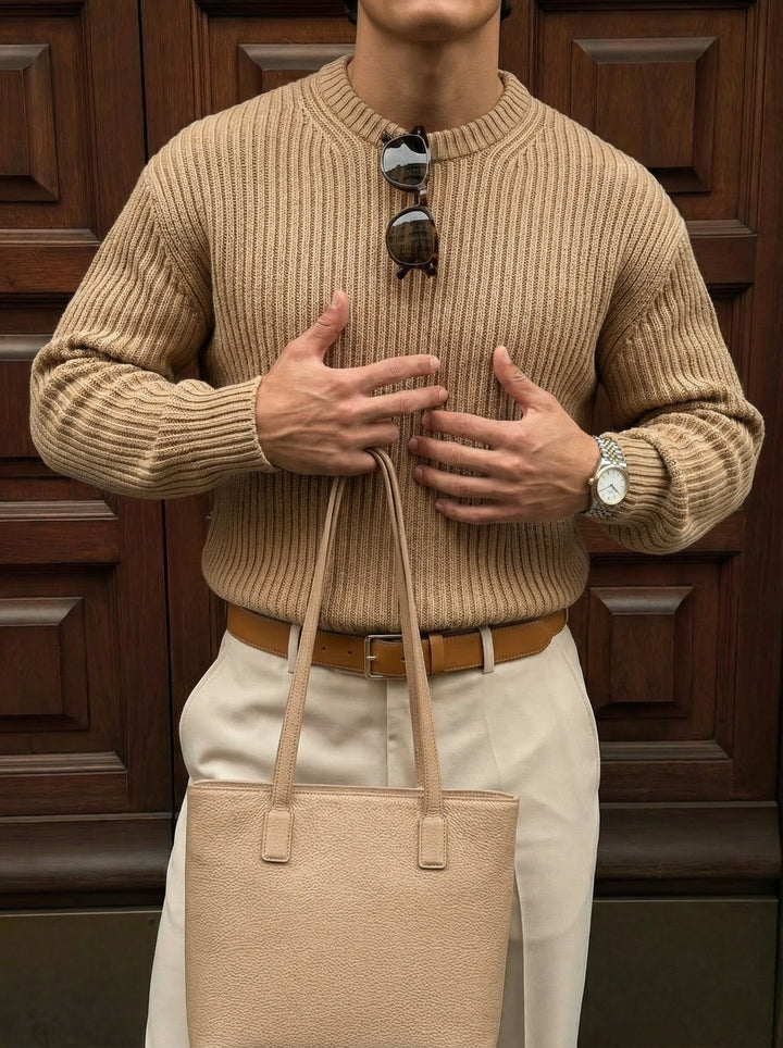 Loose Fit Striped Structure Pullover - Camel