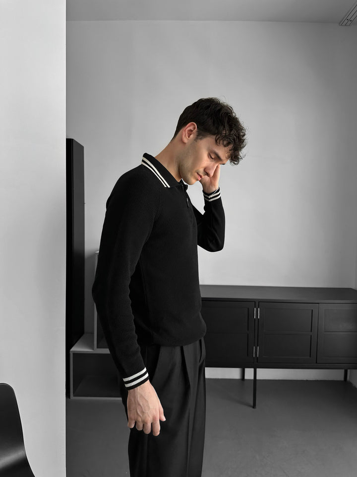 Slim Fit Half-Zip Embroidered Polo Sweater - Black