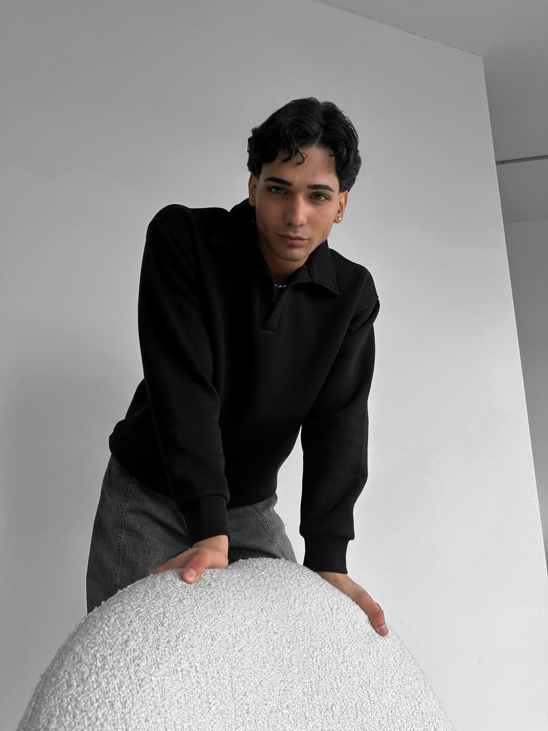 Oversize Basic Polo Sweatshirt - Black