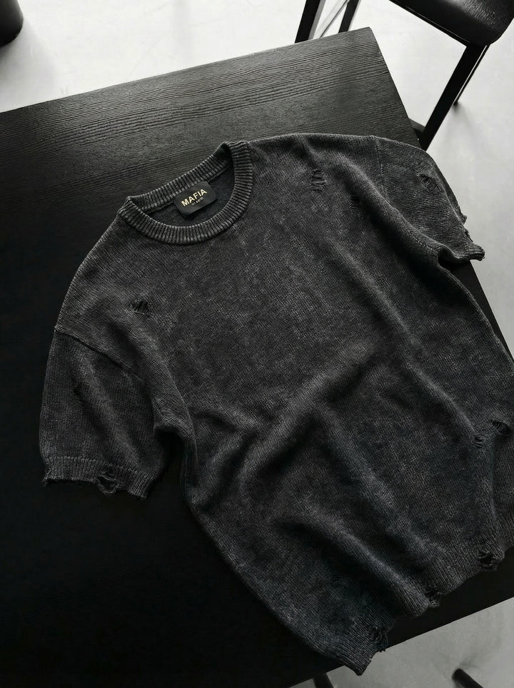Oversize Knit Torn T-Shirt - Anthracite