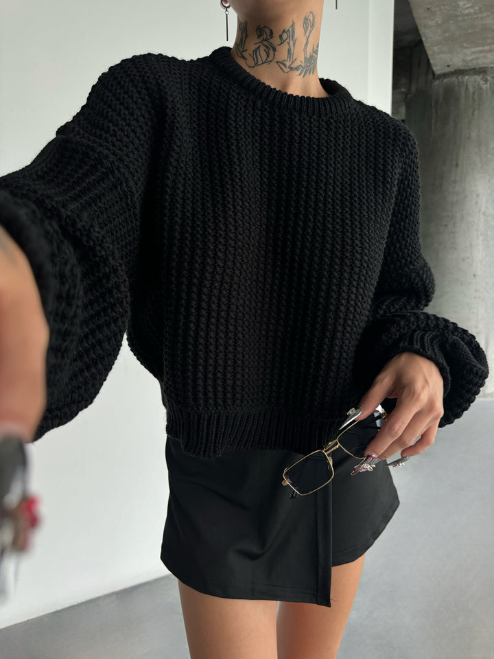 Oversize Puffer Arms Knit Sweater - Black