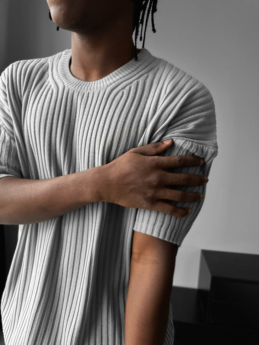 Loose Fit Ribbed Knit T-Shirt - Grey