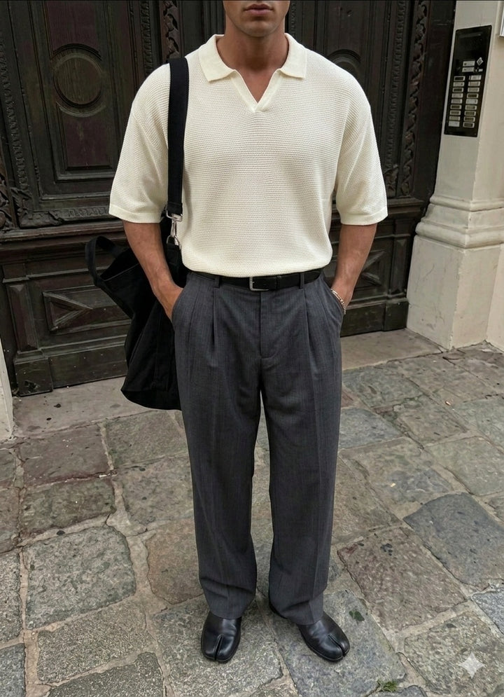 Oversize Collar Ribbed Knit T-Shirt - Ecru