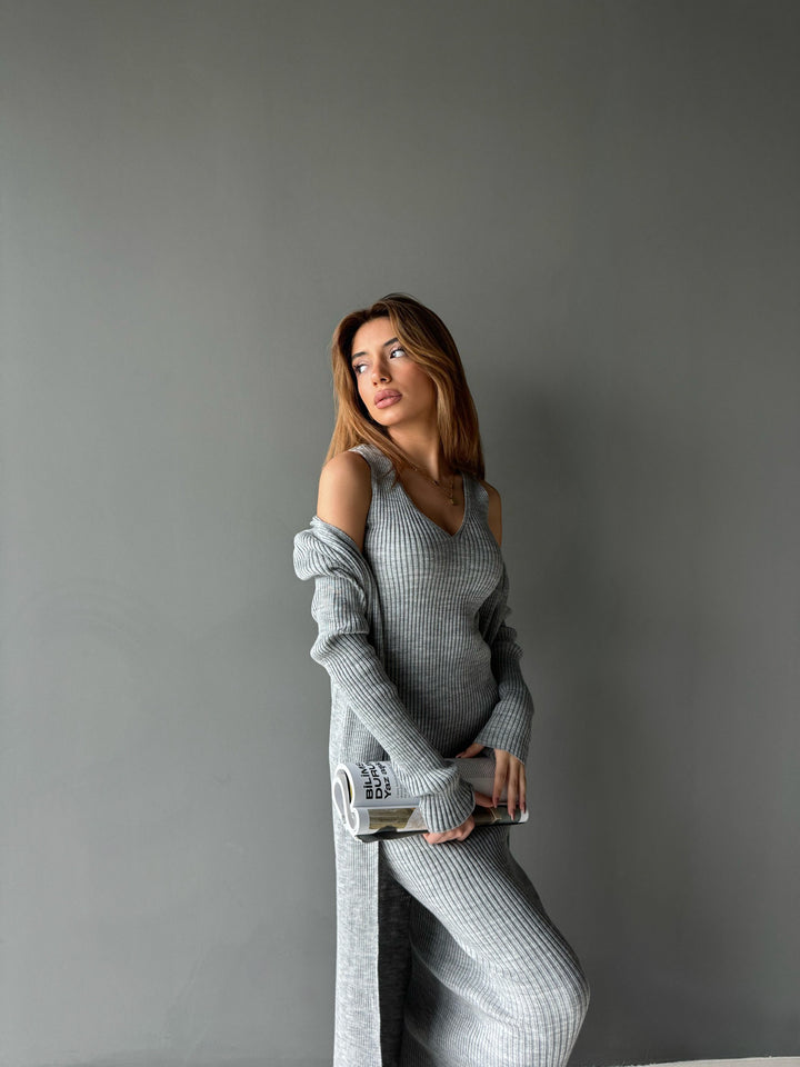 Maxi Knit Dress with Long Cardigan - Grey