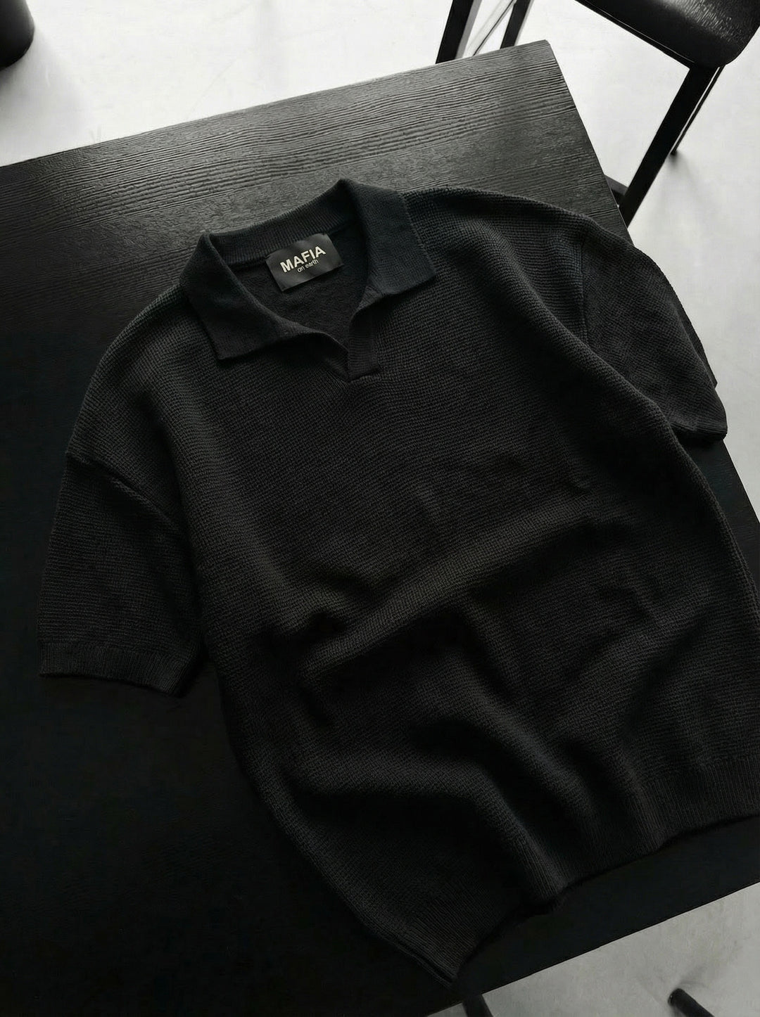 Oversize Collar Ribbed Knit T-Shirt - Black