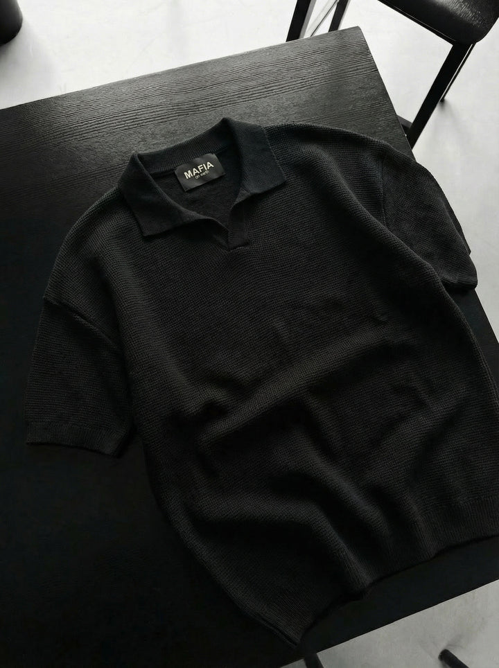 Oversize Collar Ribbed Knit T-Shirt - Black