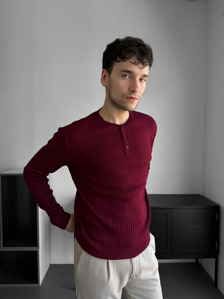 Slim Fit Button Knit Sweater - Bordeaux