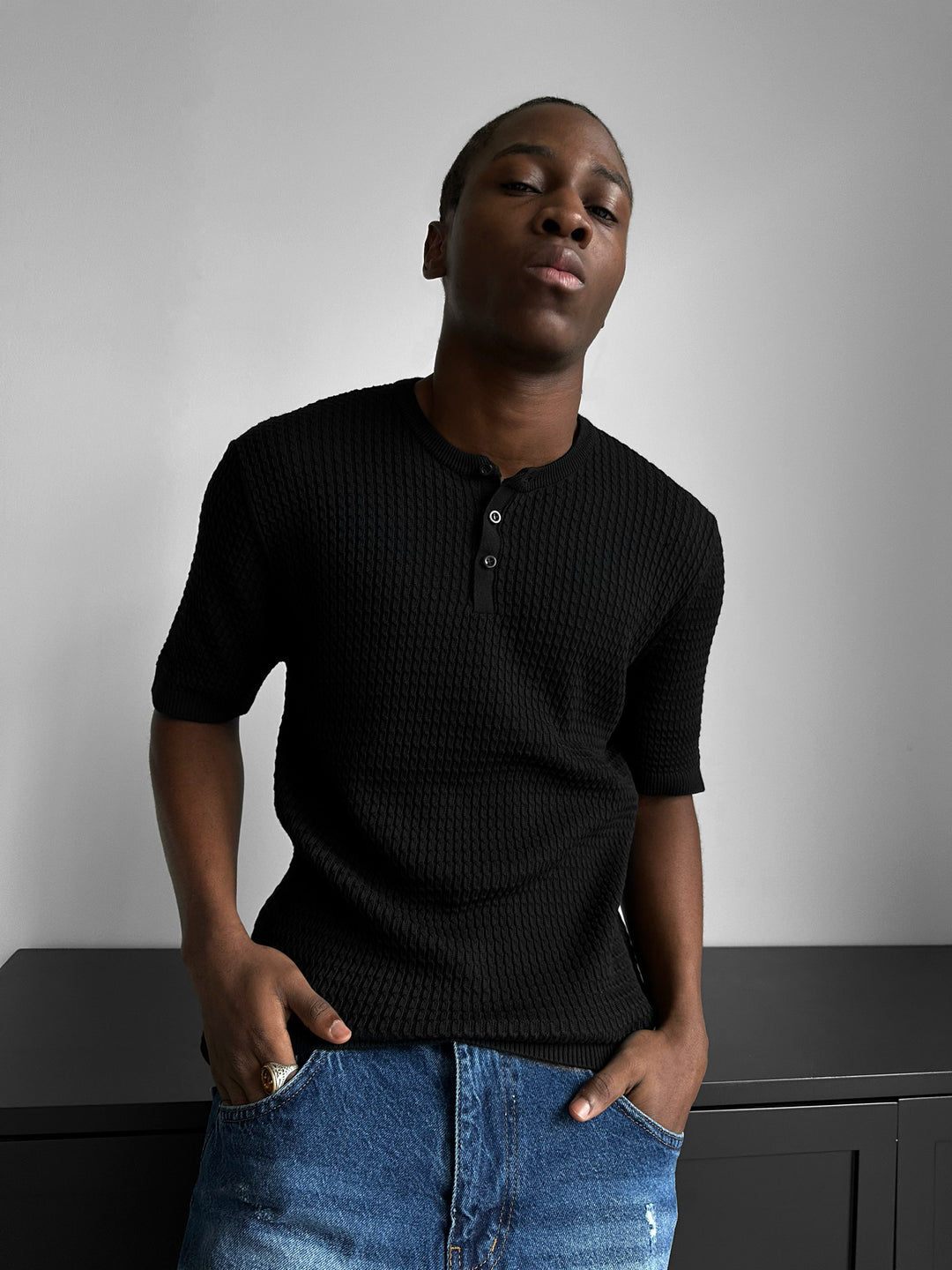 Regular Fit Waffle Button T-shirt - Black