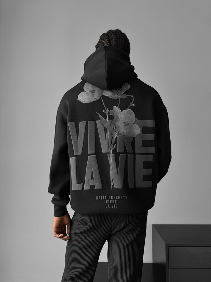 Oversize Vivre La Vie Hoodie - Black and Grey