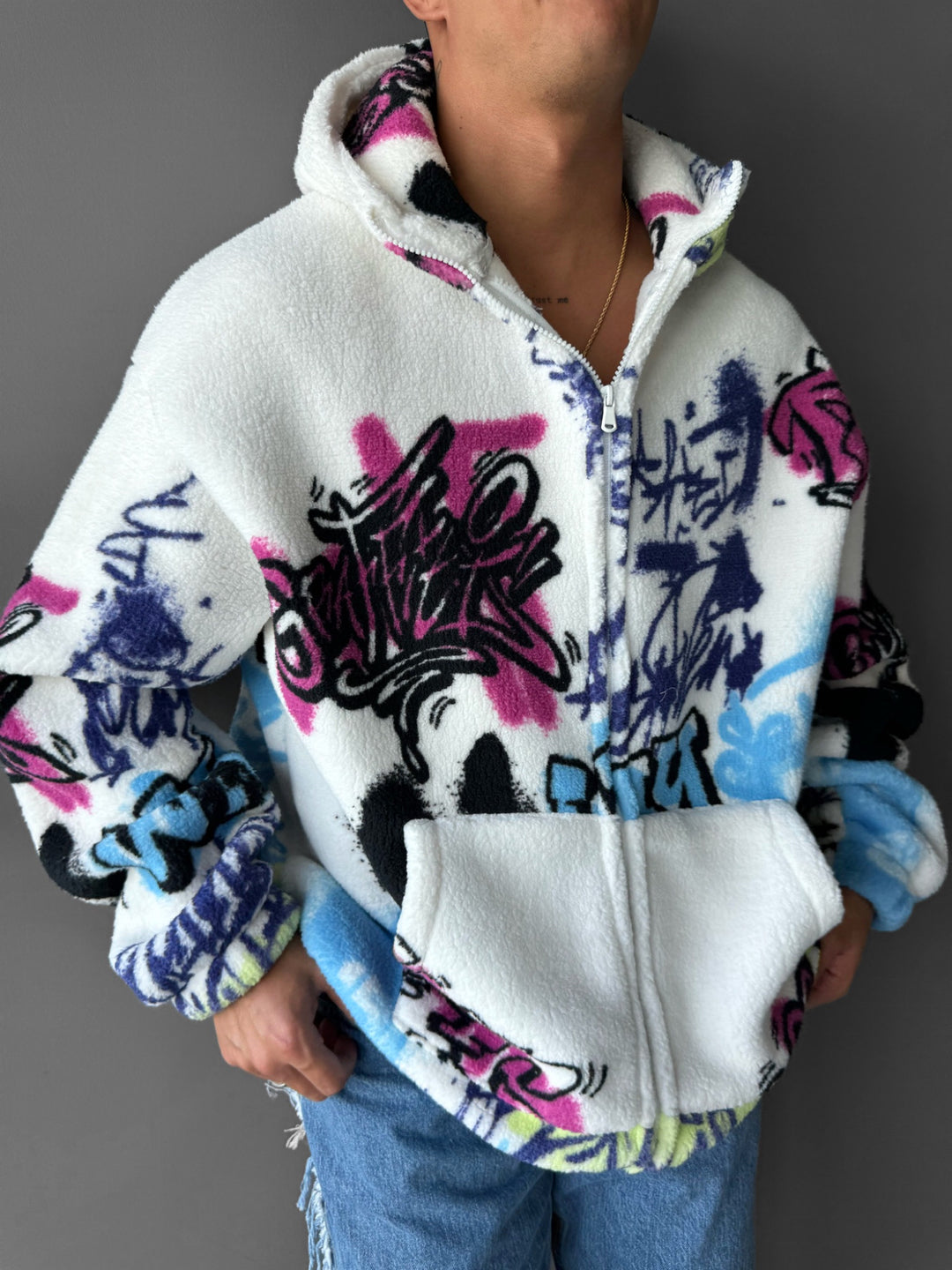 Oversize Graffity Plush Zipper Hoodie - White