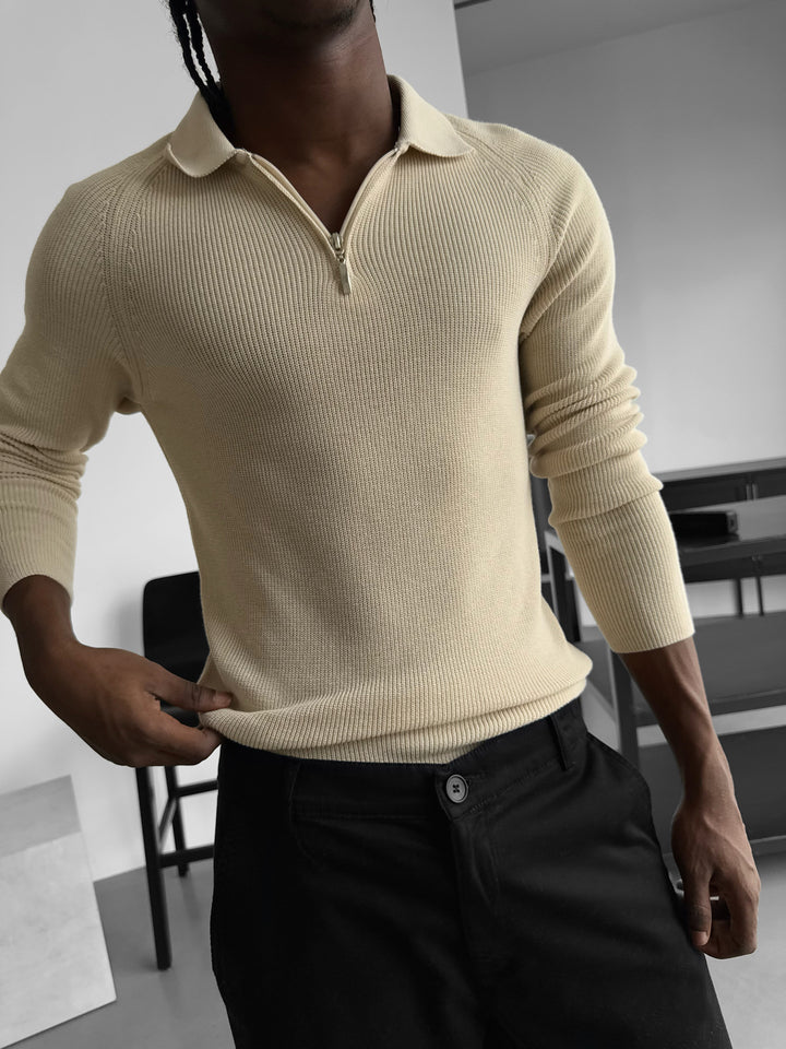 Slim Fit Knit Zipper Polo Sweater - Beige