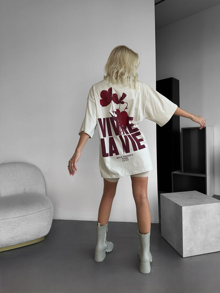 Oversize Vivre la Vie T-shirt - Beige