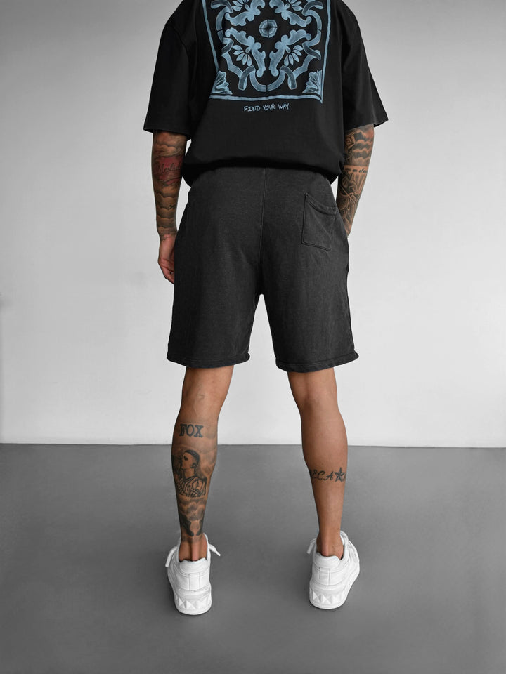 Loose Fit Printed Washed Shorts - Black