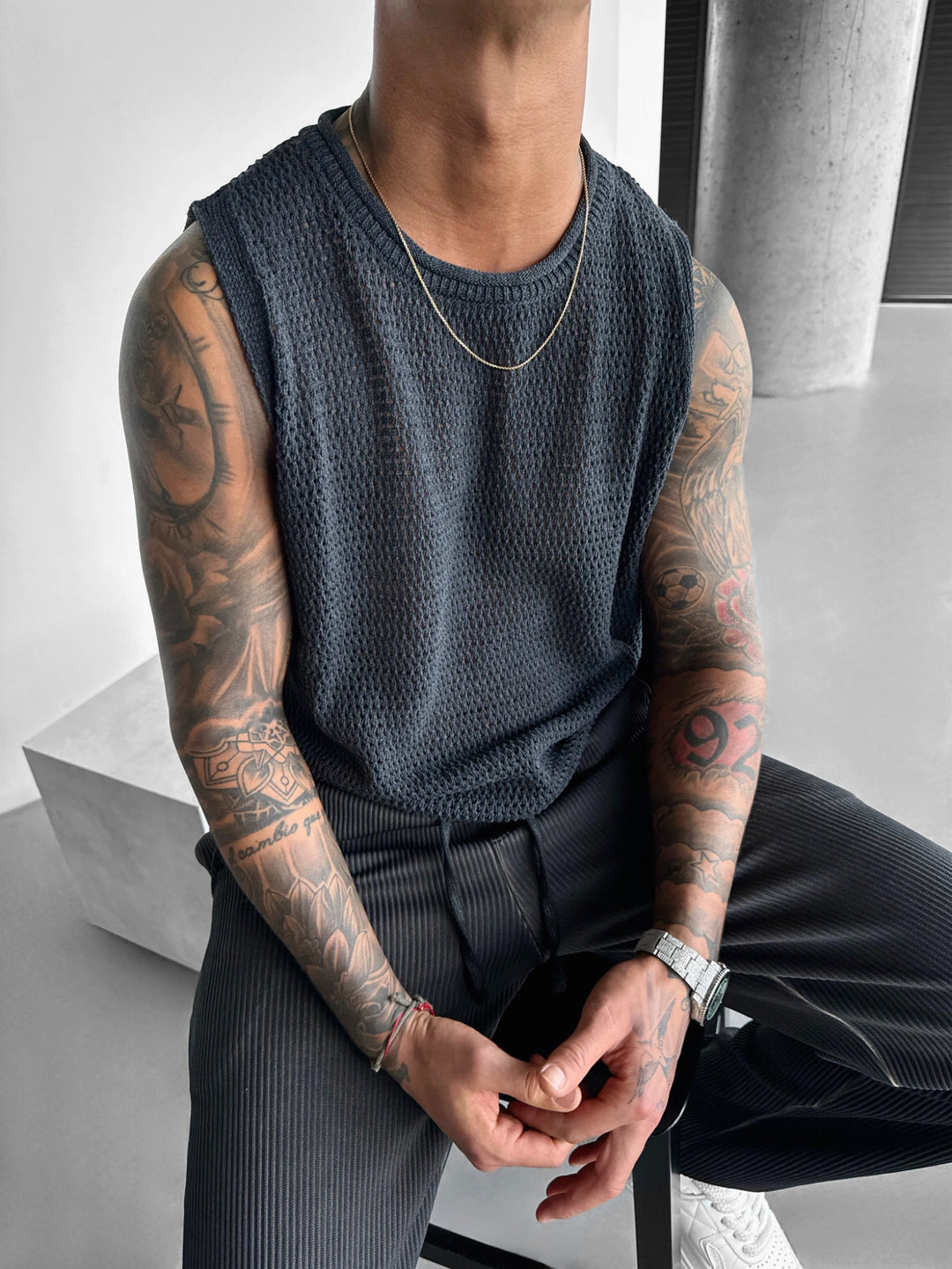 Oversize Knit Tank Top - Anthracite