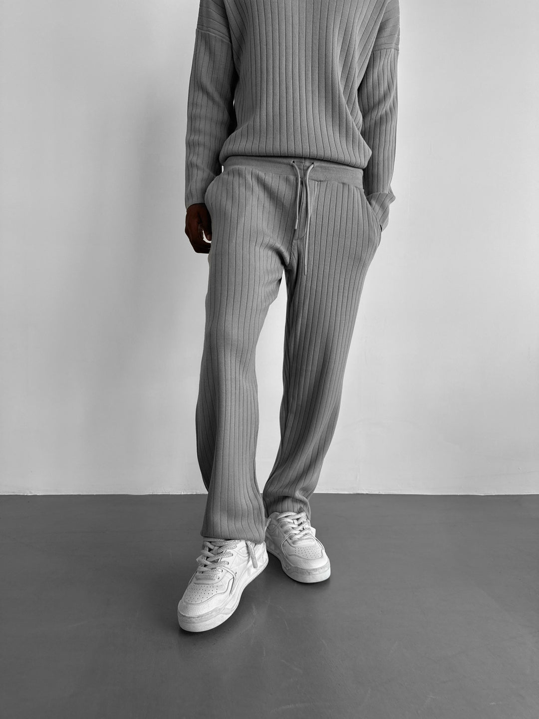 Loose Fit Wide Ribbed Knit Pants - Grey