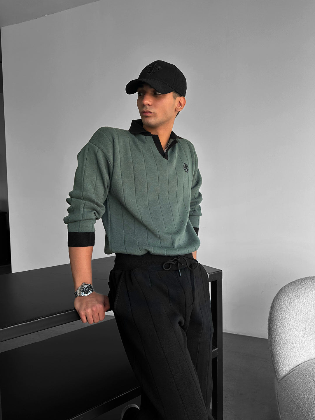 Oversized Embroidered Polo Sweater - Petrol