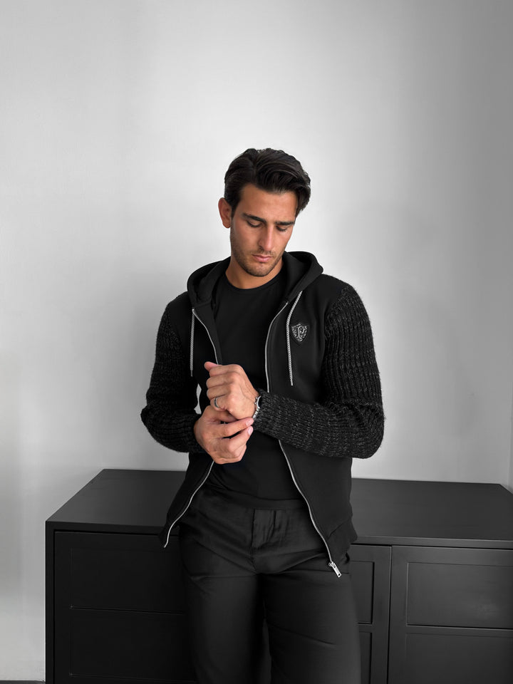 Regular Fit Knit Detail Zip Hoodie - Black