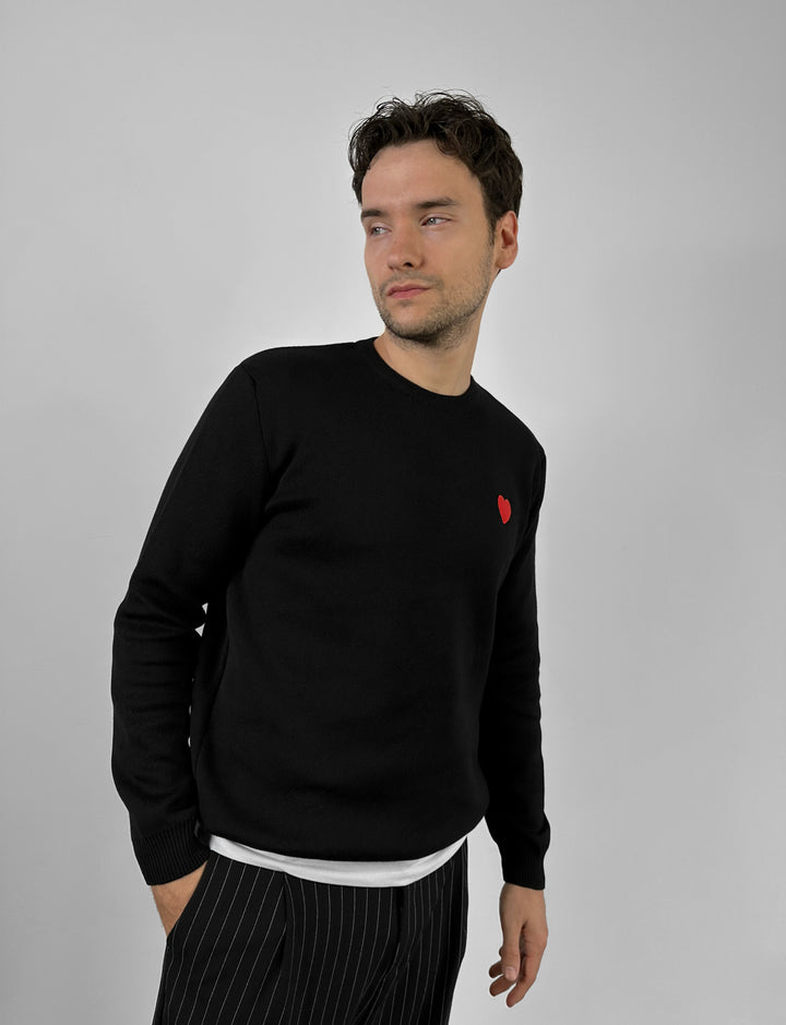 Regular Fit Heart Detail Thin Sweater - Black