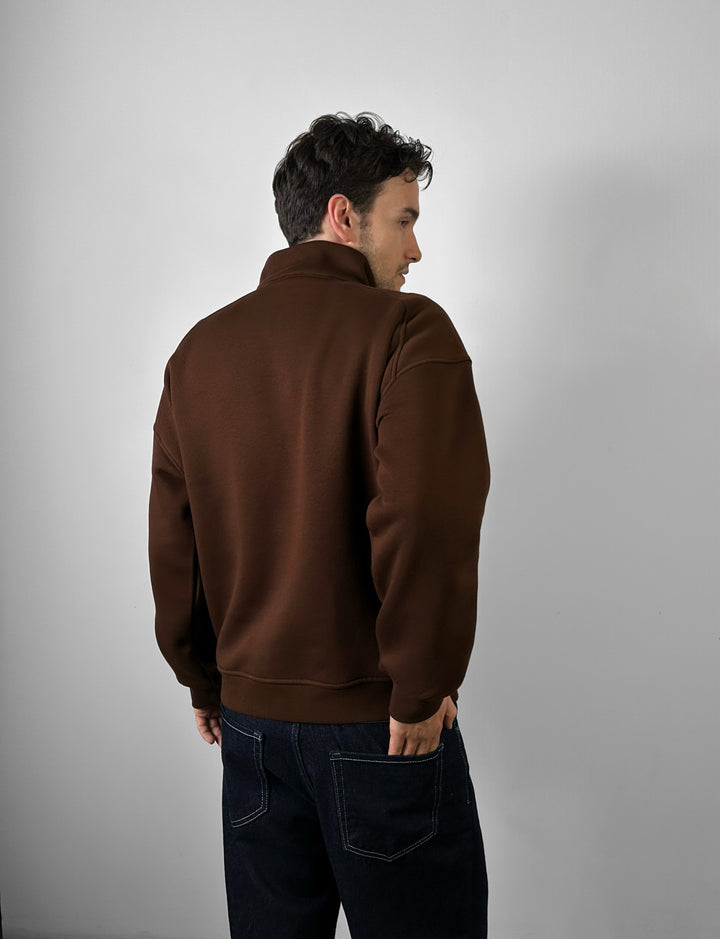 Oversize Half-Zip Motto Sweatshirt - Brown