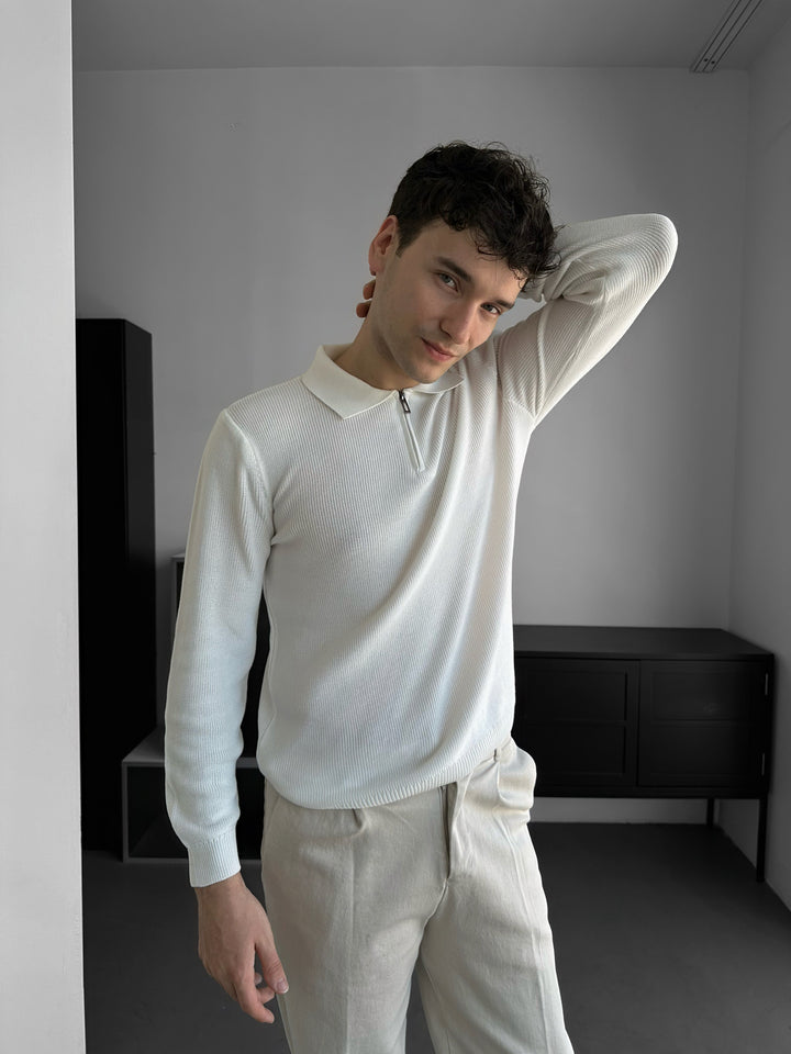 Loose Fit Polo Knit Sweater - Ecru