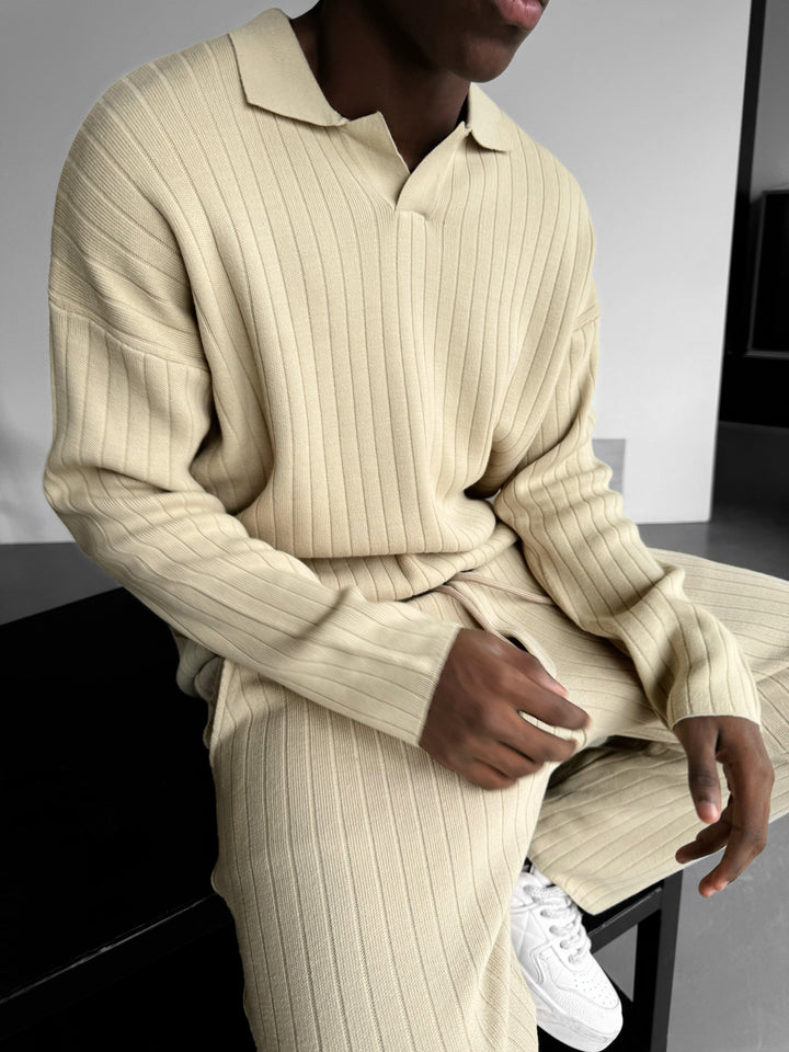 Oversize Wide Ribbed Long Arm Knit Polo Sweatshirt - Stone