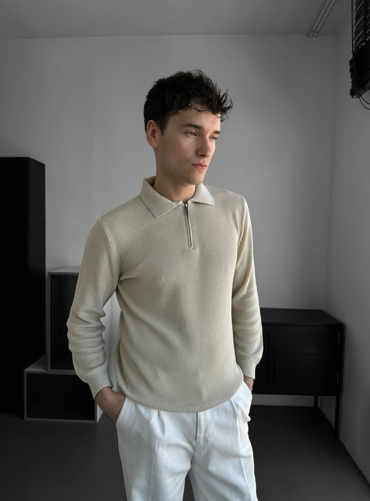 Loose Fit Polo Knit Sweater - Beige