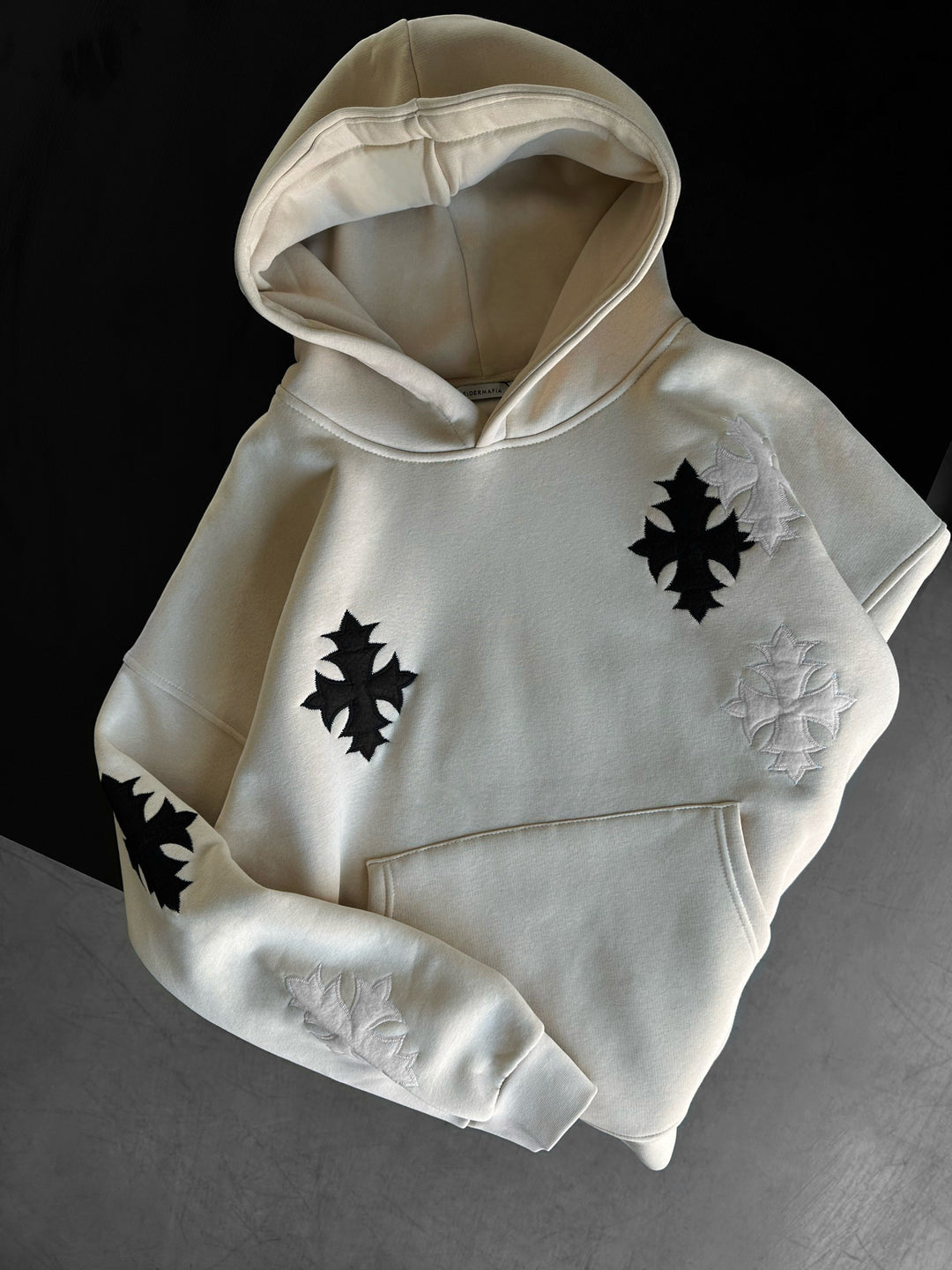 Oversize Gothic Cross Hoodie - Beige