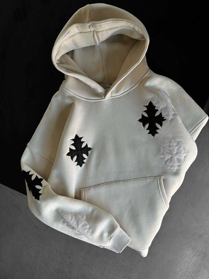 Oversize Gothic Cross Hoodie - Beige