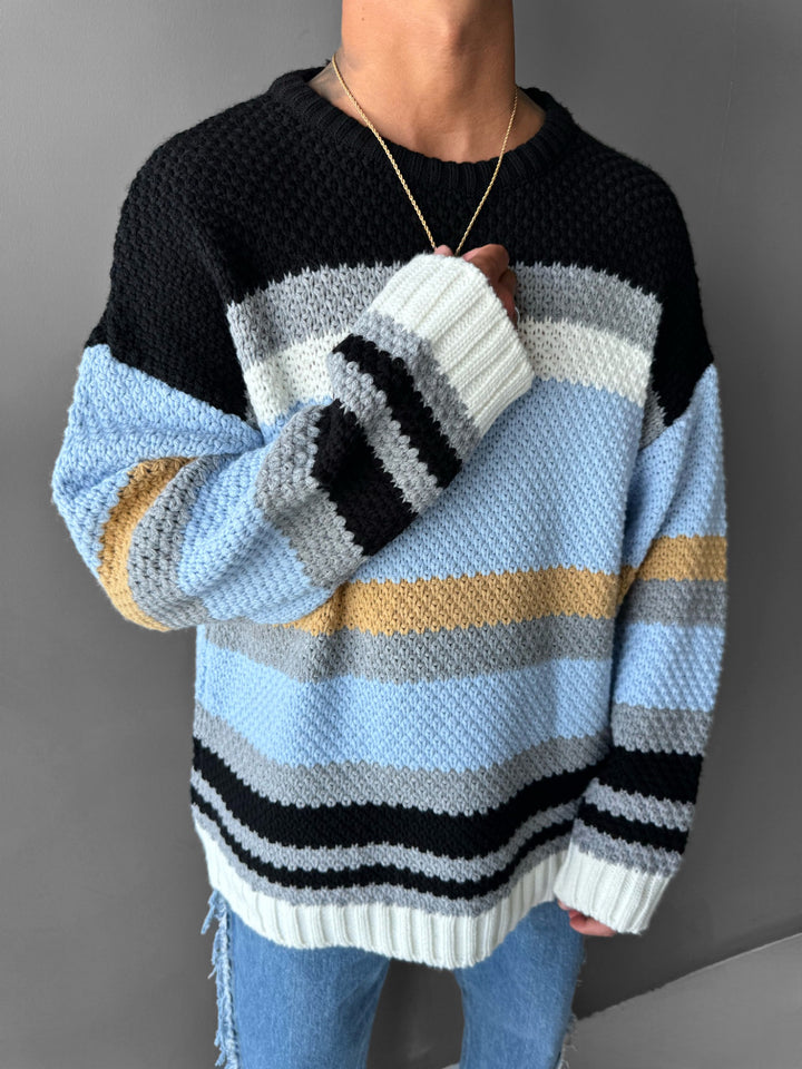 Oversize Striped Knit Sweater - Baby Blue