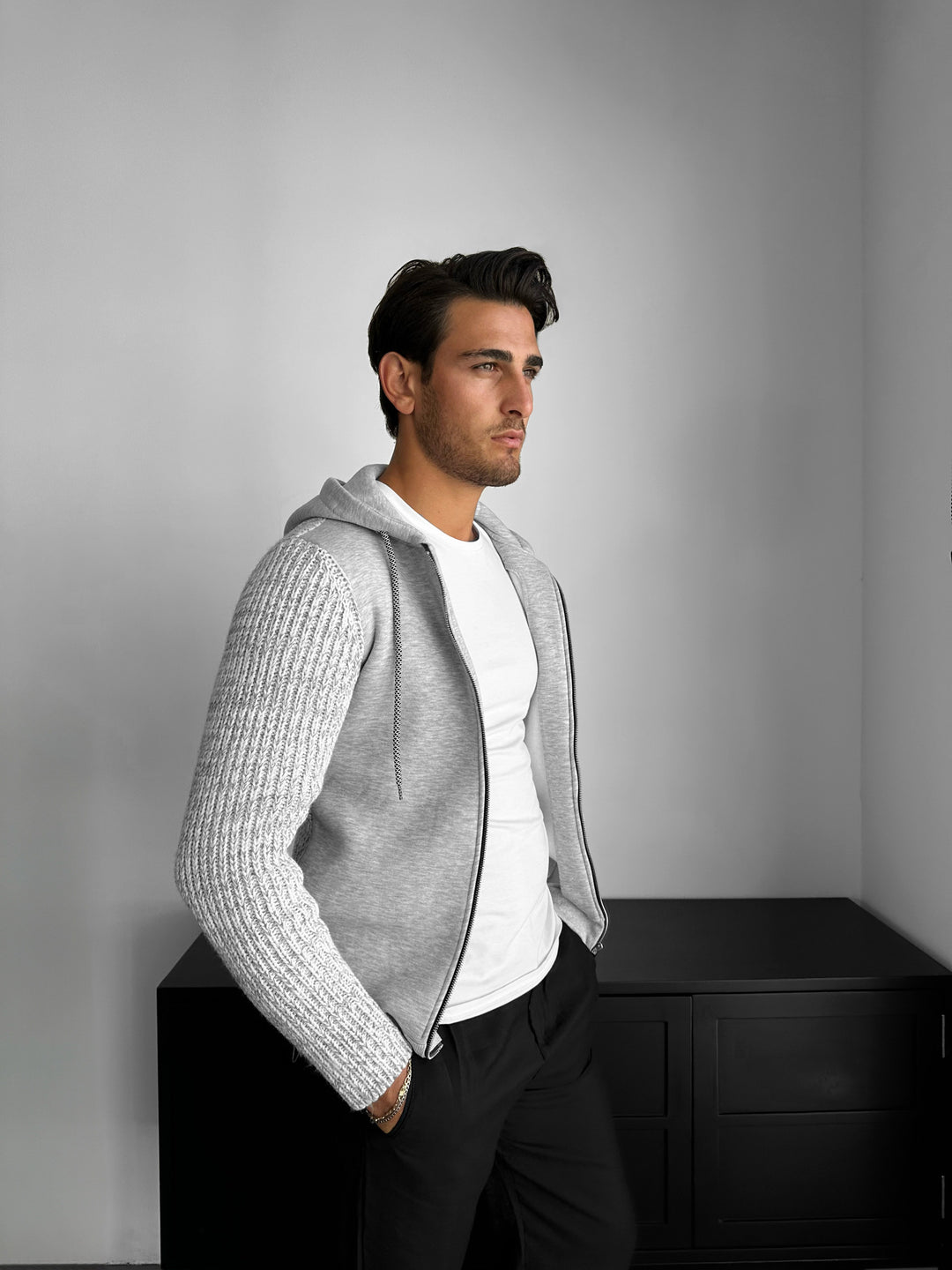 Regular Fit Knit Detail Zip Hoodie - Grey