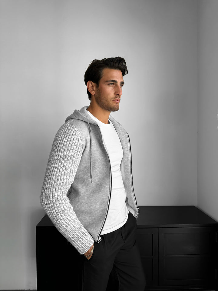 Regular Fit Knit Detail Zip Hoodie - Grey