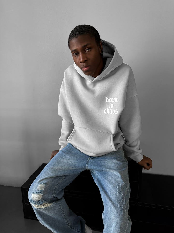 Oversize “Born in Chaos” Hoodie - Grey