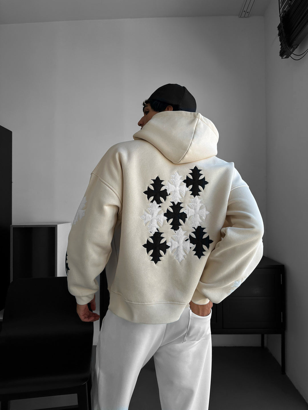 Oversize Gothic Cross Hoodie - Beige