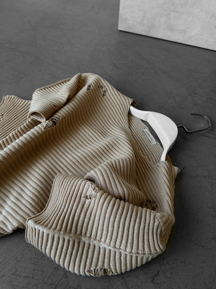 Loose Fit Torn Knit T-Shirt - Beige