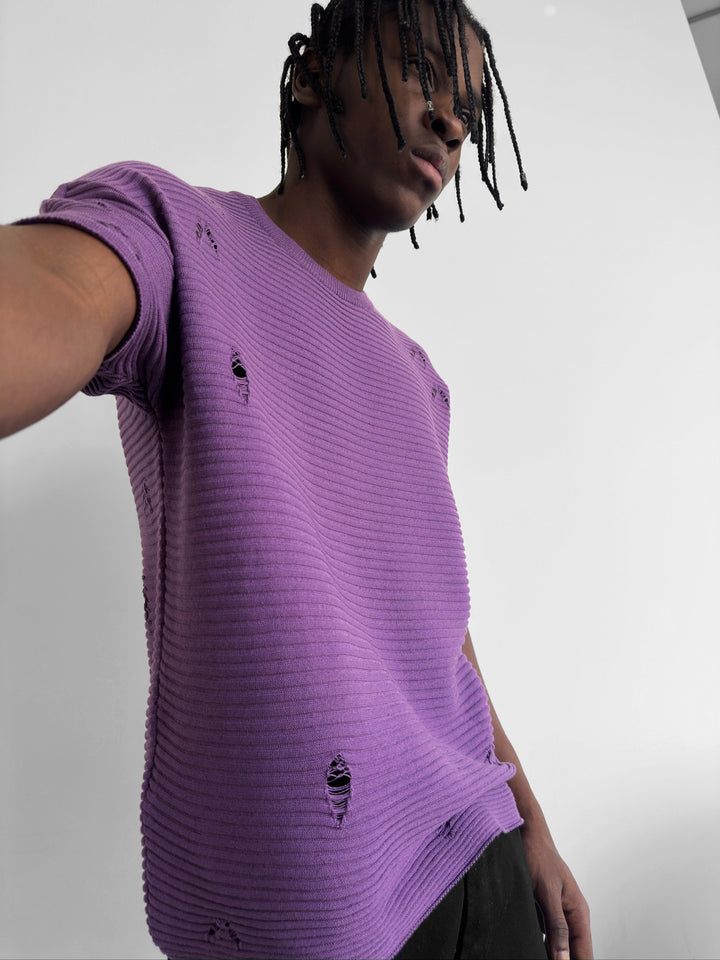 Loose Fit Torn Ribbed Knit T-Shirt - Purple