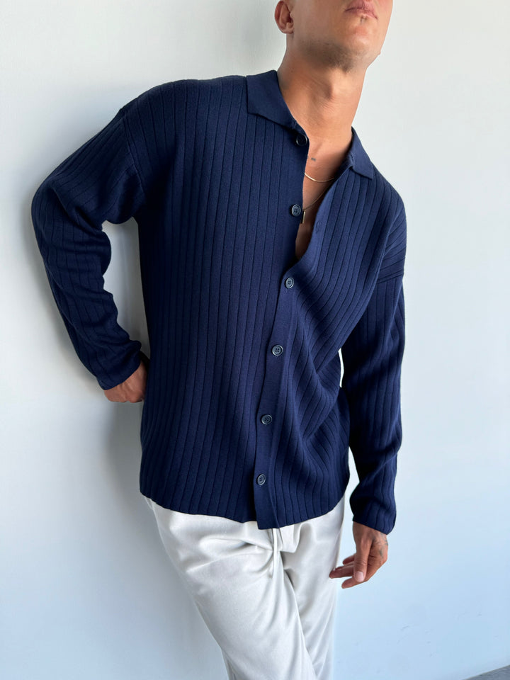 Oversize Wide Ribbed Long Arm Knit Shirt - Navy Blue