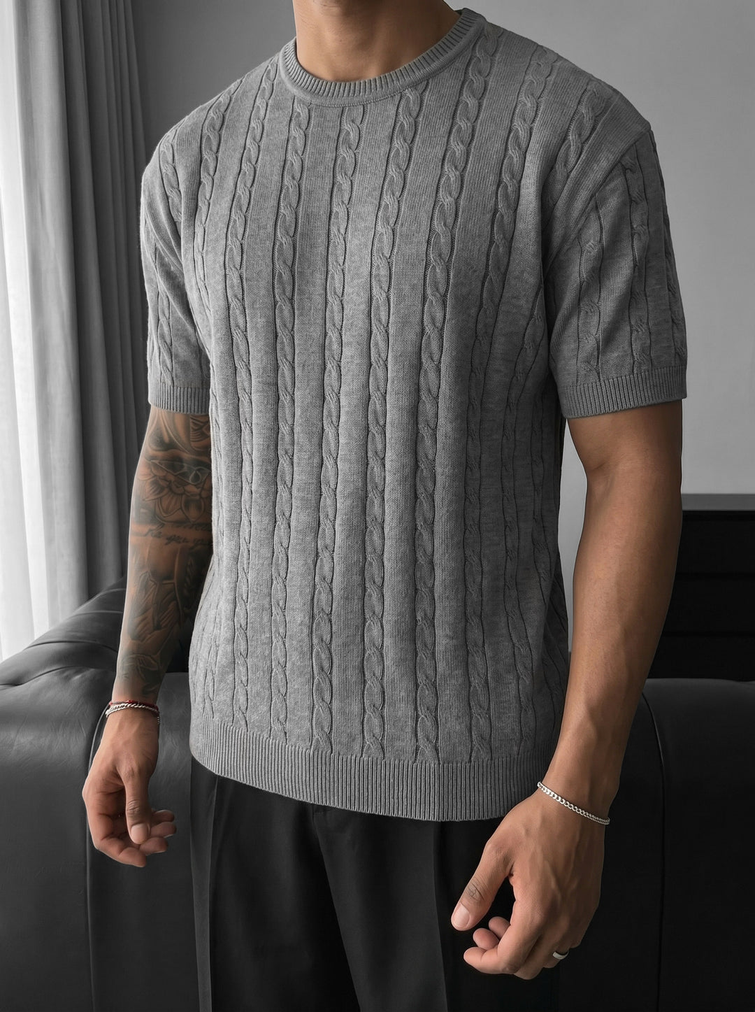 Loose Fit Braid Knit T-Shirt - Grey