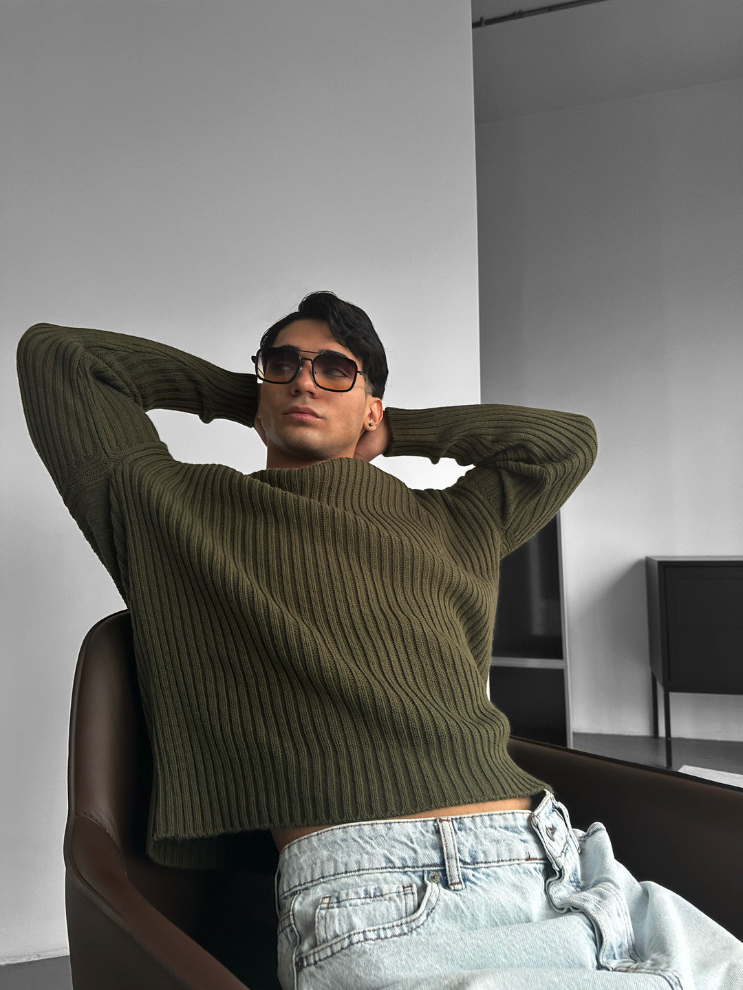 Loose Fit Striped Structure Pullover - Khaki