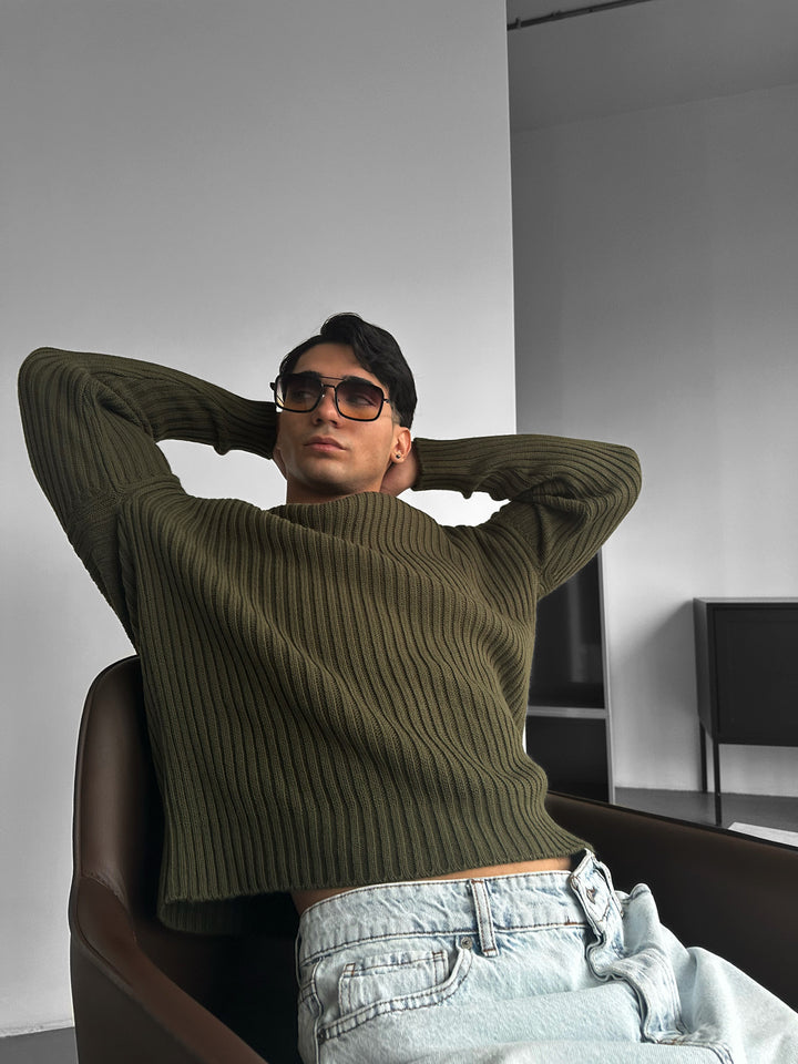 Loose Fit Striped Structure Pullover - Khaki