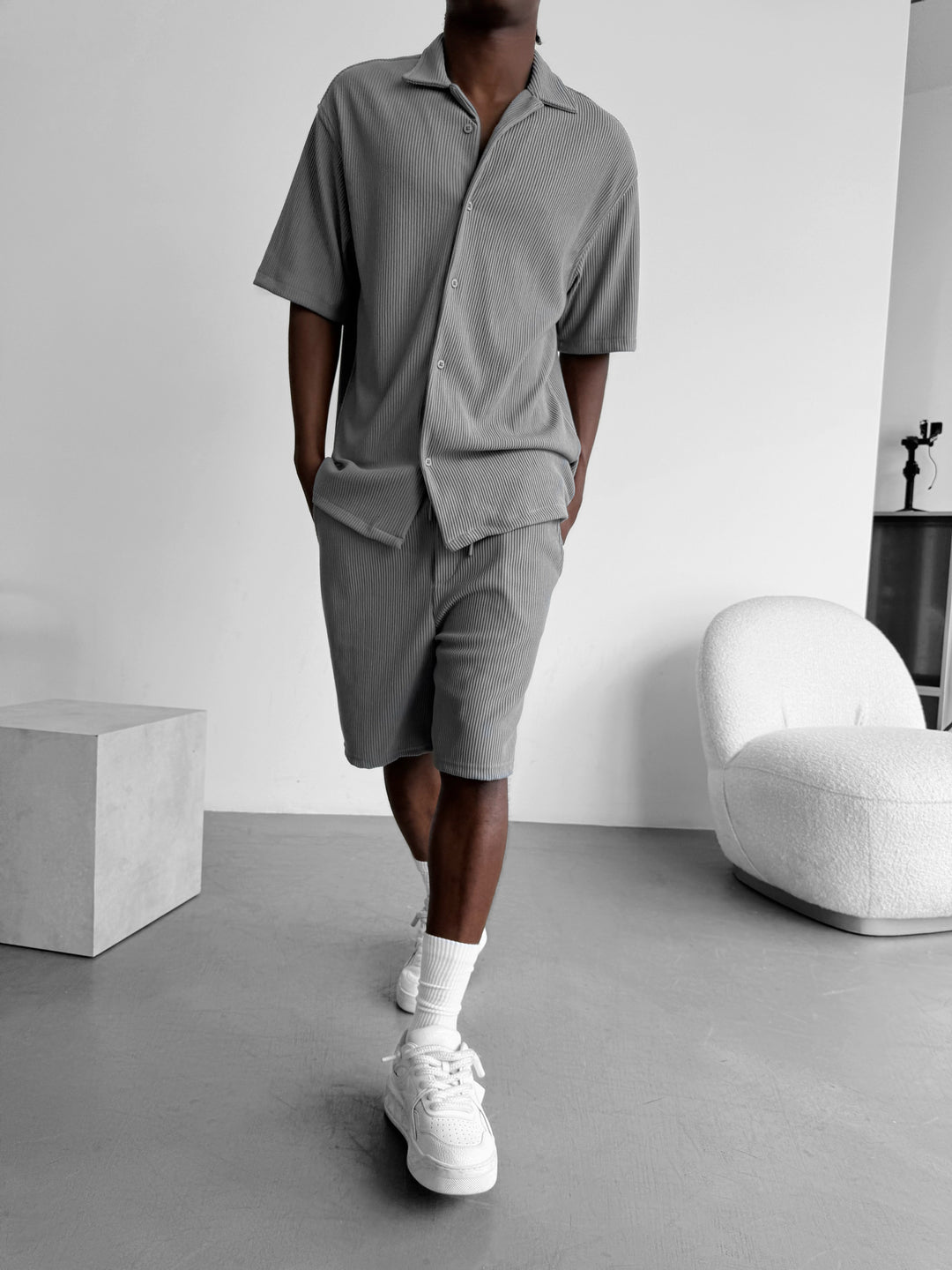 Loose Fit Cord Shorts - Grey