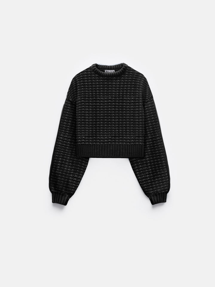 Oversize Puffer Arms Knit Sweater - Black